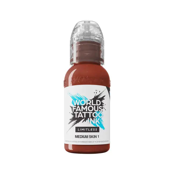 A sleek transparent bottle with clear cap holds world famous limitless medium skin brown tattoo ink for portraits