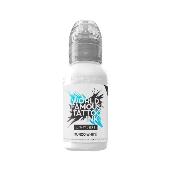 A sleek white bottle of world famous limitless tattoo ink in turco white with transparent cap and bold black blue branding
