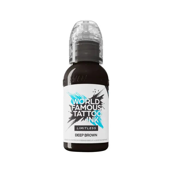 A sleek black bottle of world famous limitless tattoo ink in deep brown with white bold labeling and blue accents