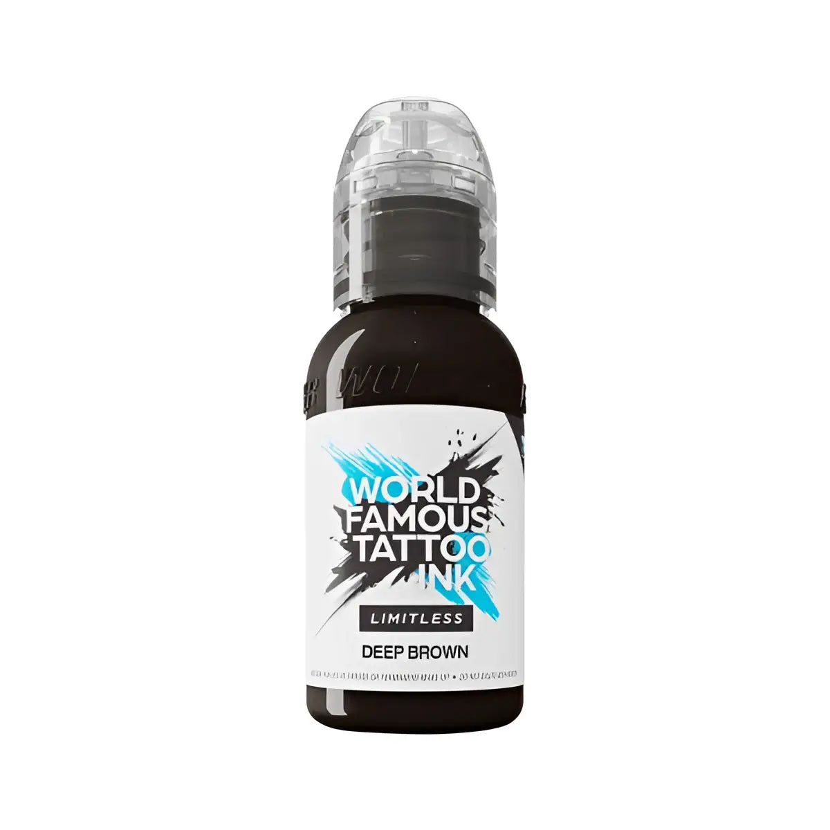 Eine elegante schwarze Flasche world famous grenzenloser Tattoo-Farben in Dunkelbraun mit weißer fetter Beschriftung und blauen Akzenten