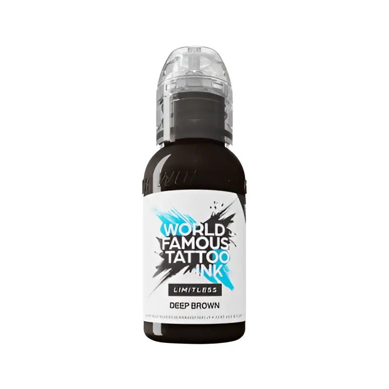 Eine elegante schwarze 30ml-Flasche world famous Limitless Tattoo Farben in Dunkelbraun mit transparenter Kappe und weiß-blauer Beschriftung