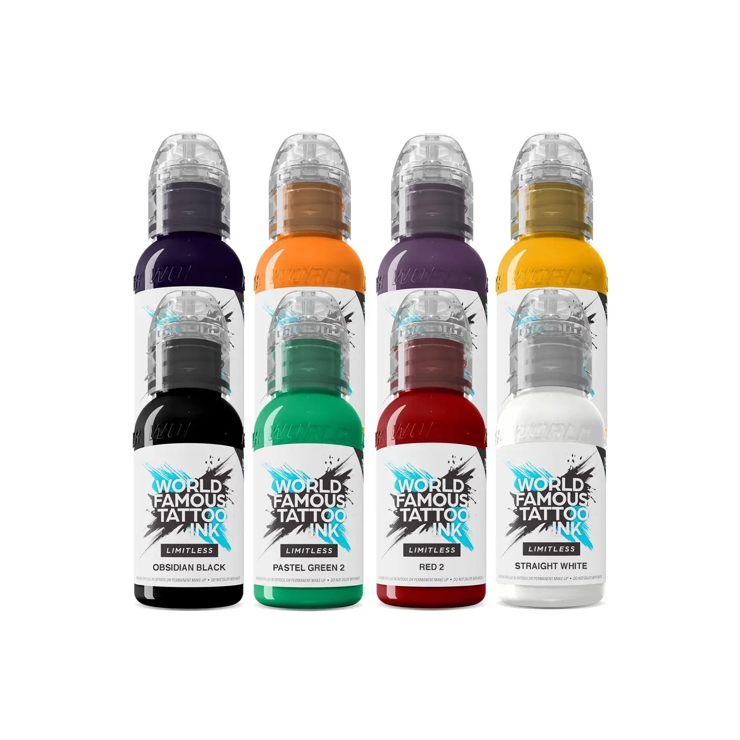 Set of four world famous limitless tattoo ink bottles in obsidian black pastel green red and straight white 30ml each