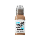 A small clear plastic bottle with transparent cap containing world famous limitlless tattoo ink peanut skintone color