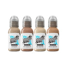 Four world famous limitless tattoo ink bottles with clear caps and black blue text skin tone set 30ml each