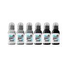 Six small bottles of world famous limitless tattoo ink in warm grey pastel shades with clear caps and black blue labels