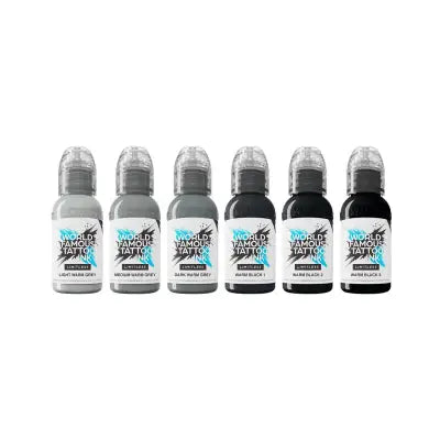 Six small bottles of world famous limitless tattoo ink in warm grey pastel shades with clear caps and black blue labels