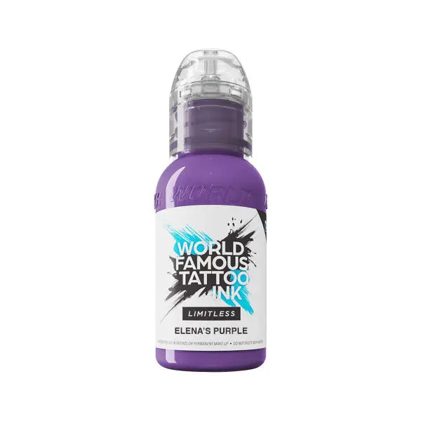 A vibrant purple bottle of World Famous Limitless tattoo ink with a clear plastic cap and bold black white teal label
