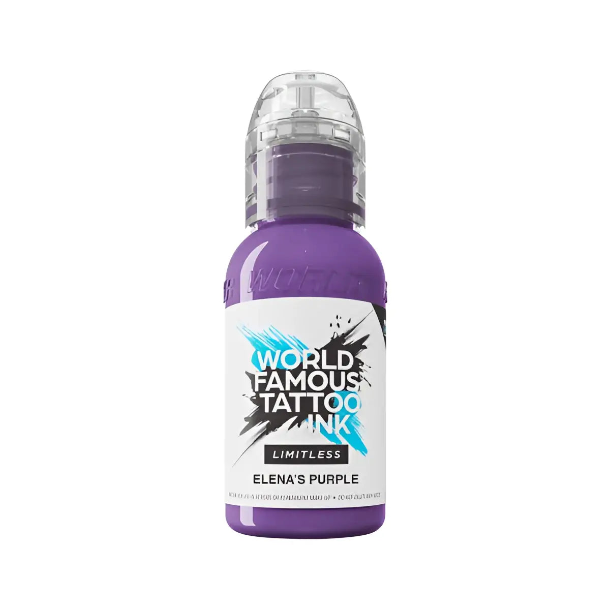 Eine leuchtend violette Flasche World Famous Limitless Tattoo-Farben mit transparentem Kunststoffdeckel und markantem schwarz-weiß-türkisem Etikett