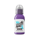 A vibrant purple bottle of World Famous Limitless tattoo ink with a clear plastic cap and bold black white teal label