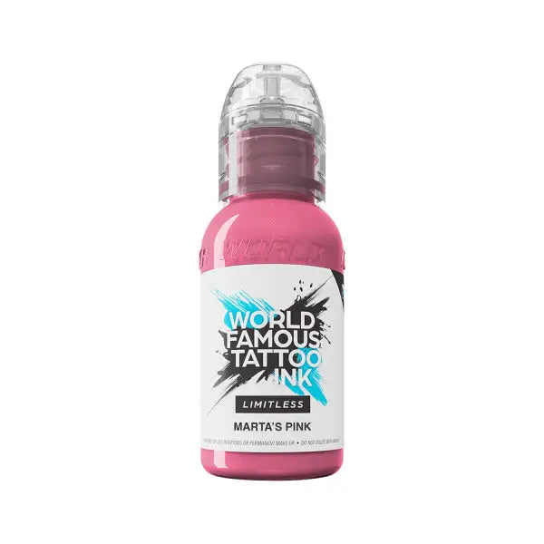A vibrant pink bottle of world famous limitless tattoo ink with clear plastic cap and bold branding on the label