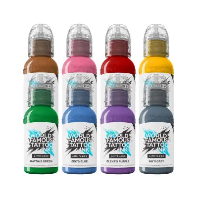 Set of six world famous limitless tattoo ink bottles in vibrant colors including matte green and edo’s blue