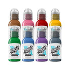 Set of six world famous limitless tattoo ink bottles in vibrant colors including matte green and edo’s blue