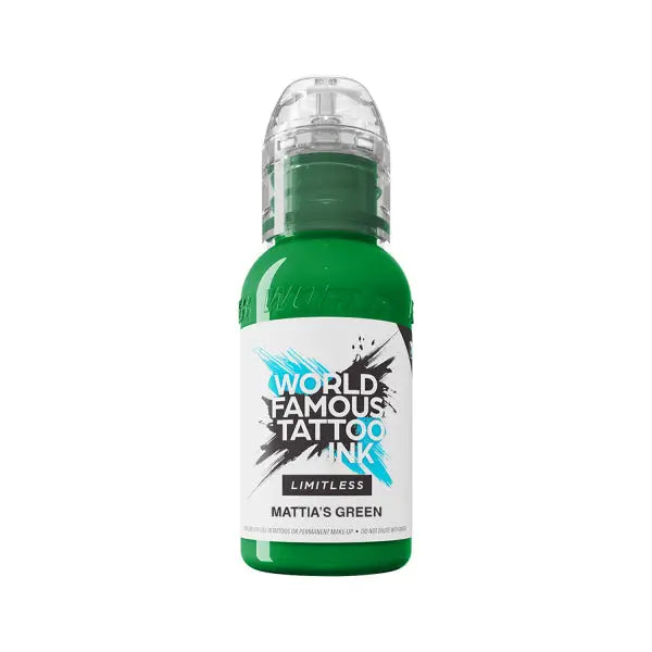 A vibrant green bottle of world famous limitless tattoo ink the mambo destrutturato family set with clear cap and bold label