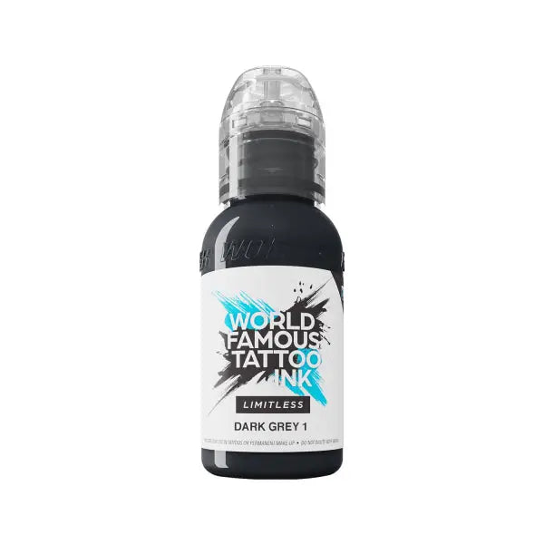 Dark grey tattoo ink in a sleek black bottle with white and teal branding from world famous limitless noire ink set v2