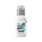 A sleek white bottle of world famous limitless tattoo ink mixing white with transparent cap and bold black and blue branding