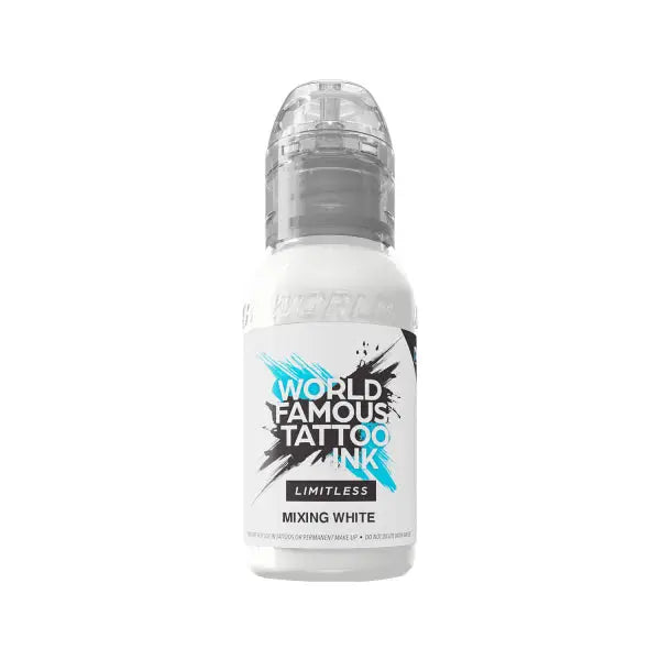 A sleek white bottle of world famous limitless tattoo ink mixing white with transparent cap and bold black and blue branding