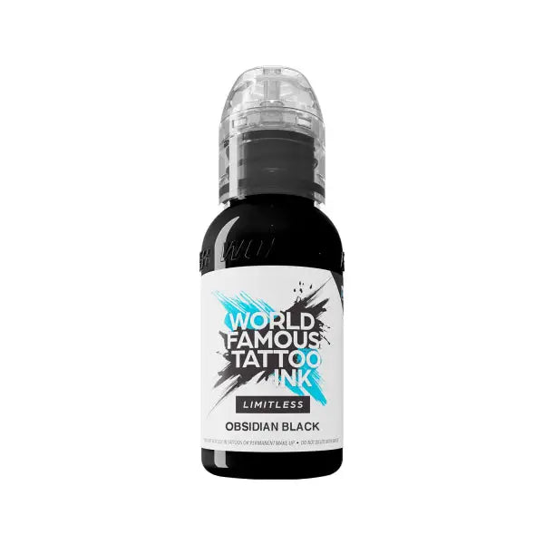 A sleek black bottle of world famous limitless tattoo ink with transparent cap and bold white teal label 30 ml