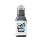 A sleek dark grey bottle of world famous limitless grey 1 tattoo ink with a transparent cap and bold label design