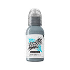 Black tattoo ink bottle with clear screw-on cap and white label featuring bold blue and black text for world famous limitless ink set
