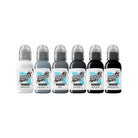 Set of six world famous limitless tattoo ink bottles in shades from white to black with clear caps labeled tattoo fame